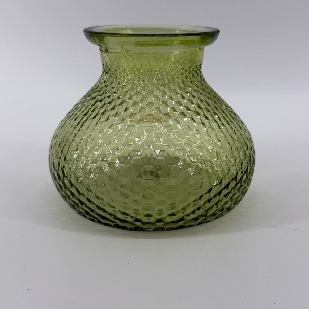 Vintage Green Honeycomb Textured Glass Bulbous Bud Vase 4.5 Inch MCM Style - Picture 3 of 7